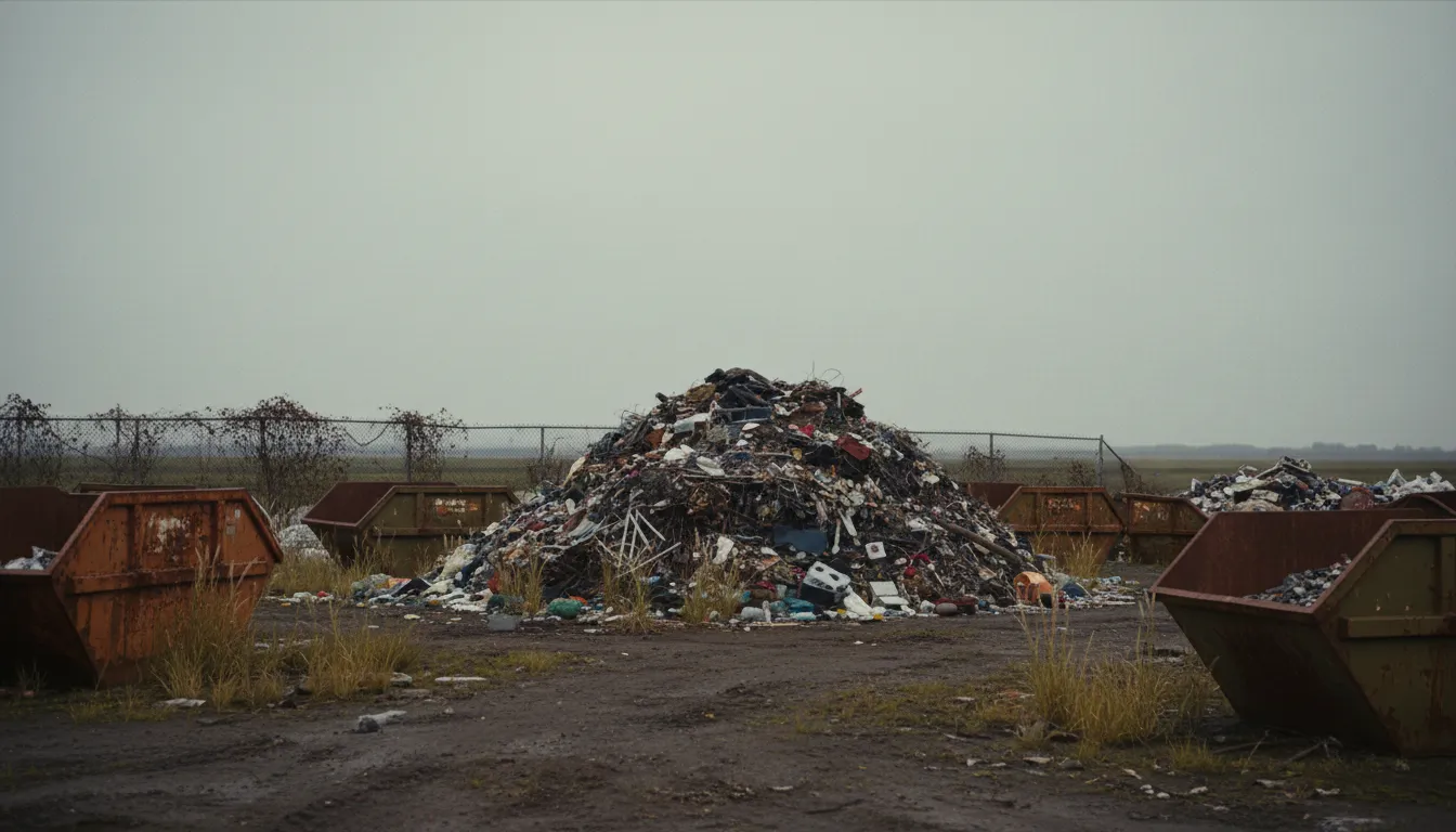 Berg ongesorteerd afval op verlaten recyclingterrein in een vlak veenlandschap