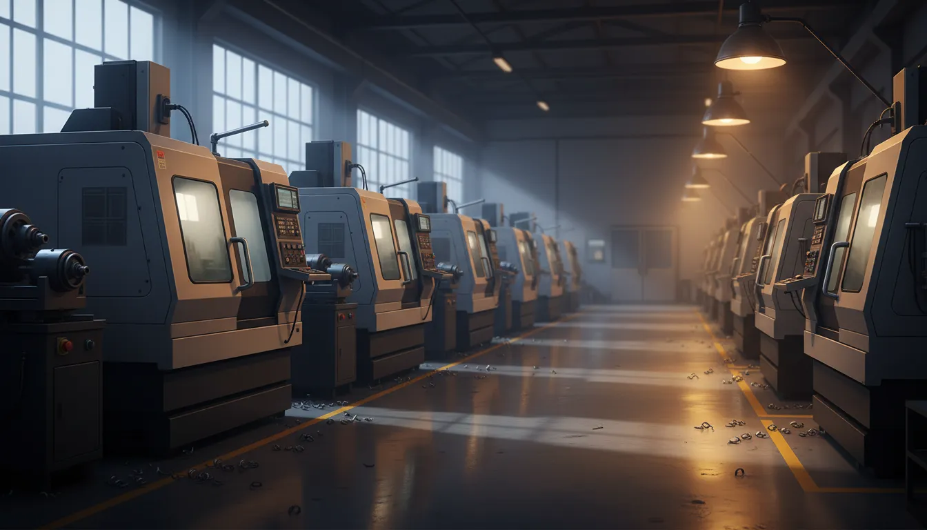 Industriële hal met CNC-machines in schemerlicht