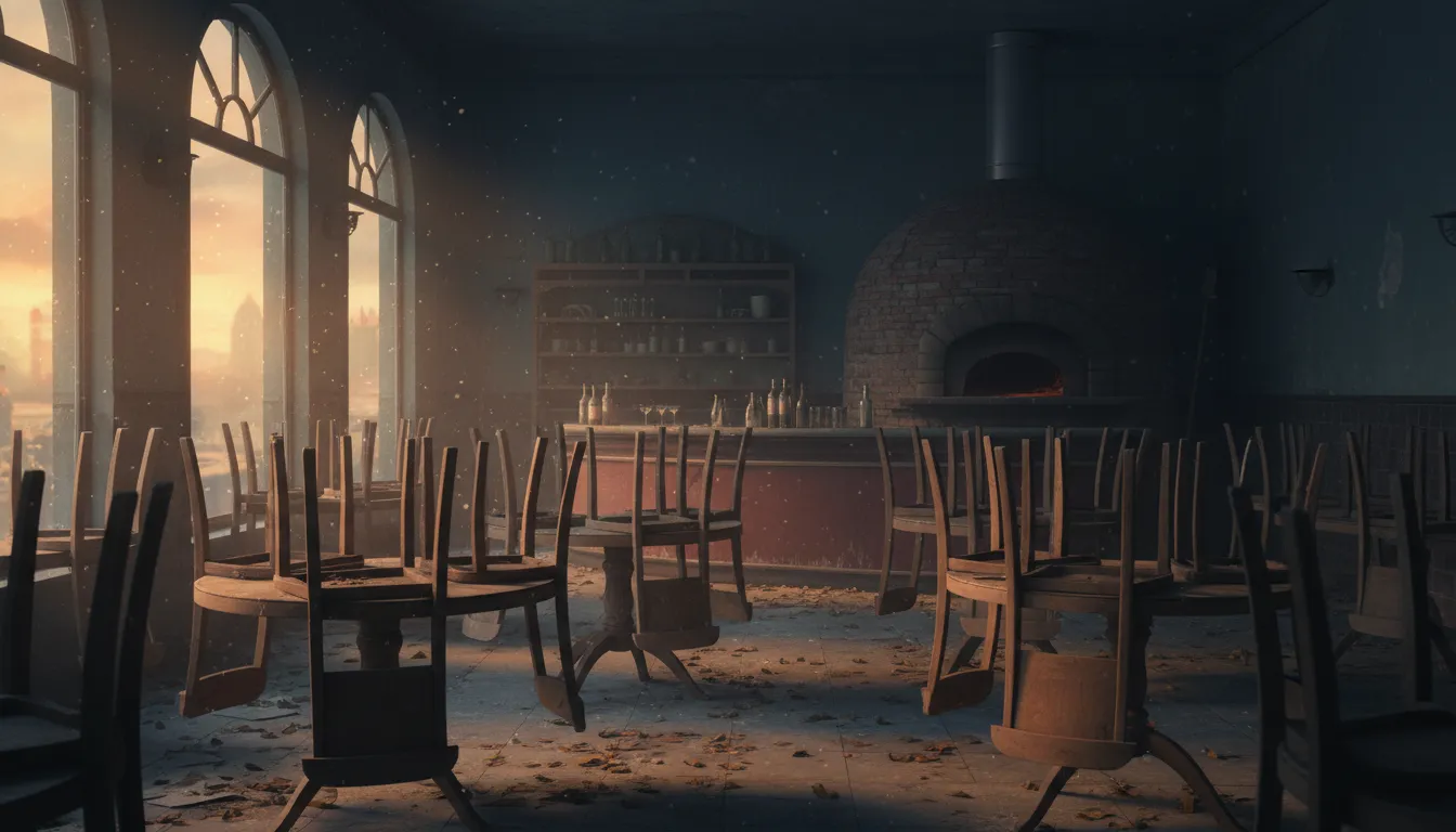 Een verlaten pizzeria-interieur bij avondlicht, lege stoelen op tafels, een grote gemetselde pizzaoven donker en koud op de achtergrond.
