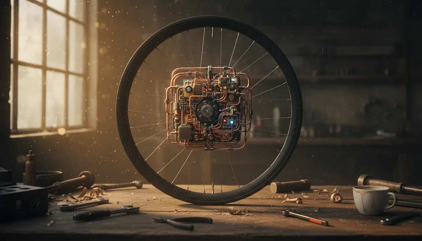 Een geopend fietswiel met een mysterieus mechanisch onderdeel in de velg, op een houten werkbank in een schemerige werkplaats.