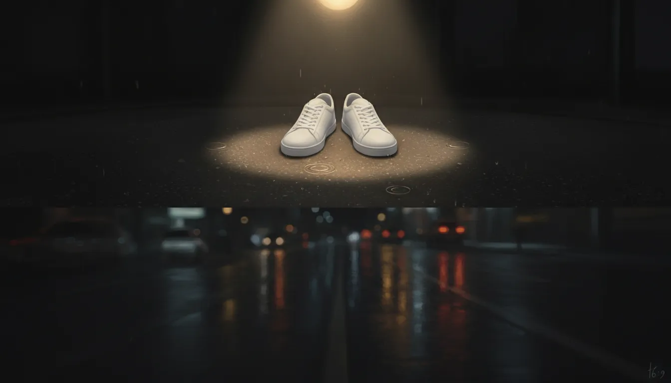 Een paar witte sneakers op een natte straat in de nacht, beschenen door een enkele lantaarn.