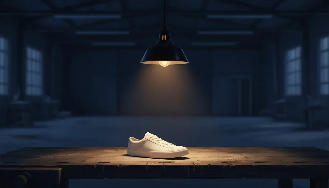 Een enkele witte sneaker alleen op een houten tafel onder een hangende industriële lamp, in een verder verlaten ruimte.