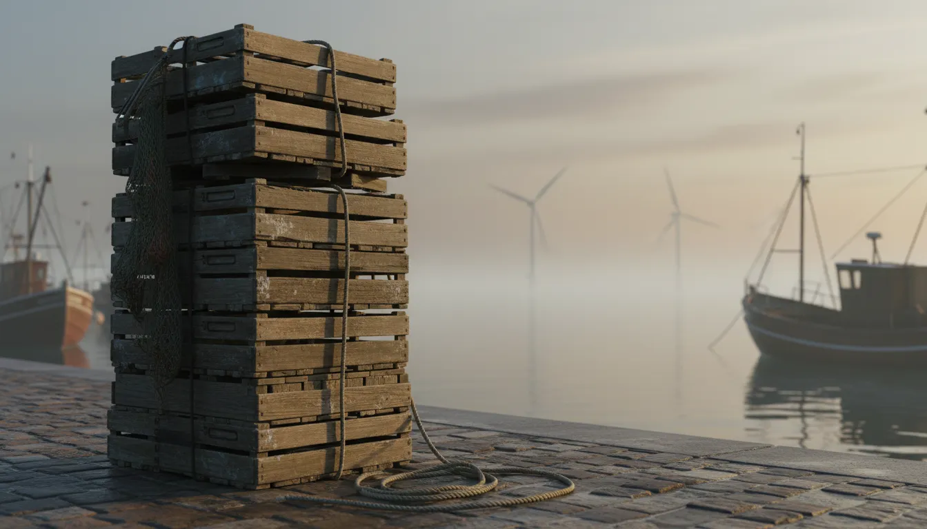 Een verlaten viskraam aan een haven, lege ijskisten en een opgerolde vlag, met op de achtergrond wazig een rij windturbines op zee