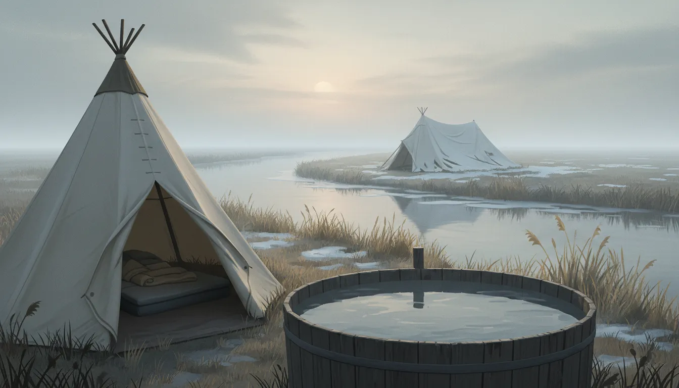 Verlaten glampingterrein met tipi en hottub aan een mistig rivierenlandschap