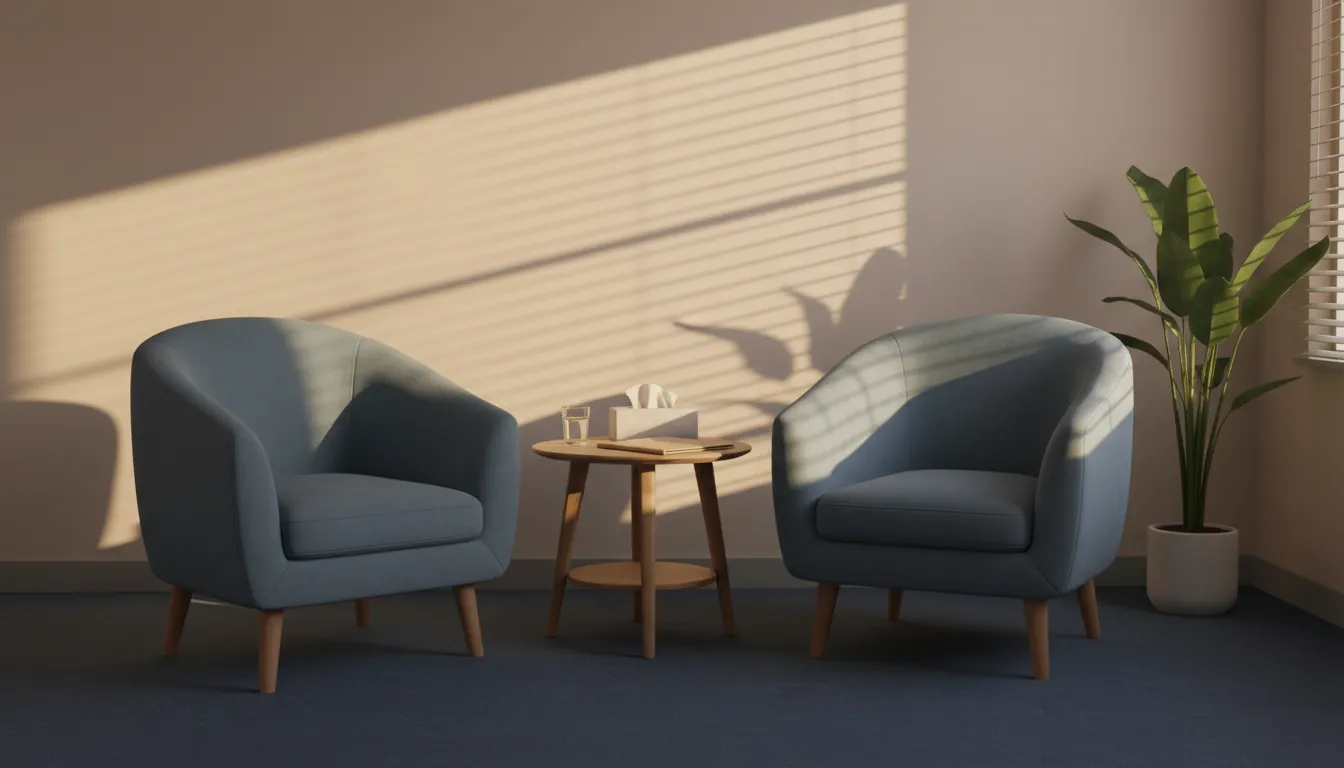 Lege spreekkamer in een GGZ-praktijk in zacht middaglicht: twee fauteuils tegenover elkaar, een glas water op een bijzettafel, een gesloten dossiermap