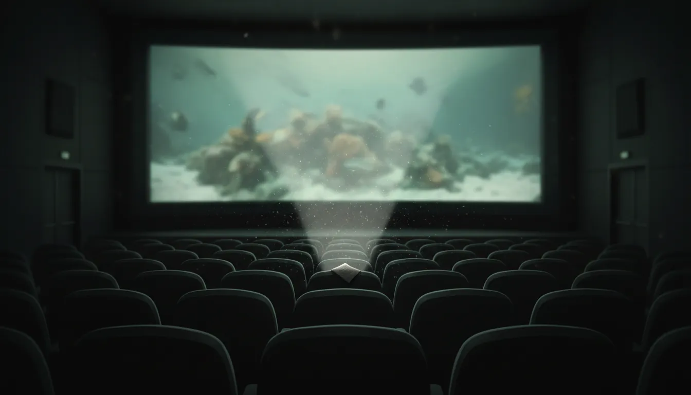 Verlaten bioscoopzaal met lege stoelen en een groen oplichtend scherm