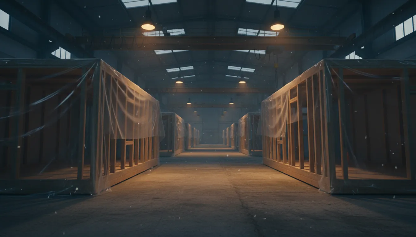 Lege fabriekshal in schemerlicht met houten frames van prefab-woonmodules in rijen op de betonnen vloer