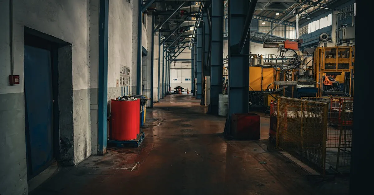 Stilstaande fabrieksvloer met lege gangpaden en zwijgende industriële machines