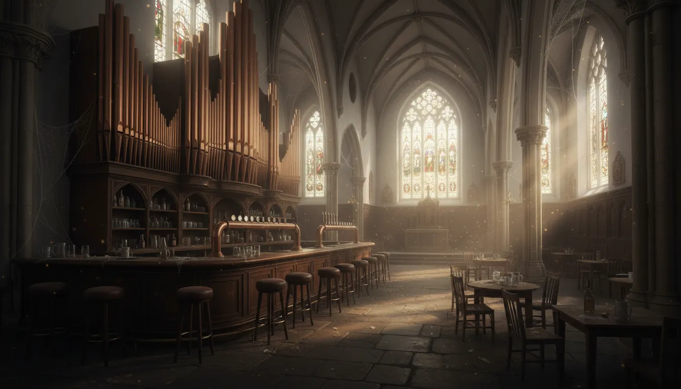 Verlaten brouwerijcafé met koperen taps in schemerlicht