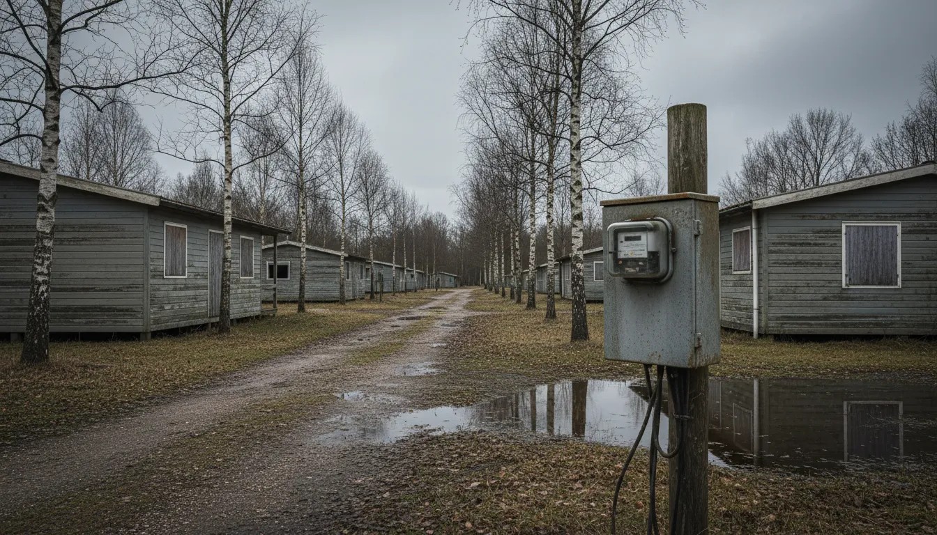 Verlaten vakantiehuisjes op een recreatiepark in de winter, met op de voorgrond een verweerde elektriciteitsmeterkast op een houten paal.