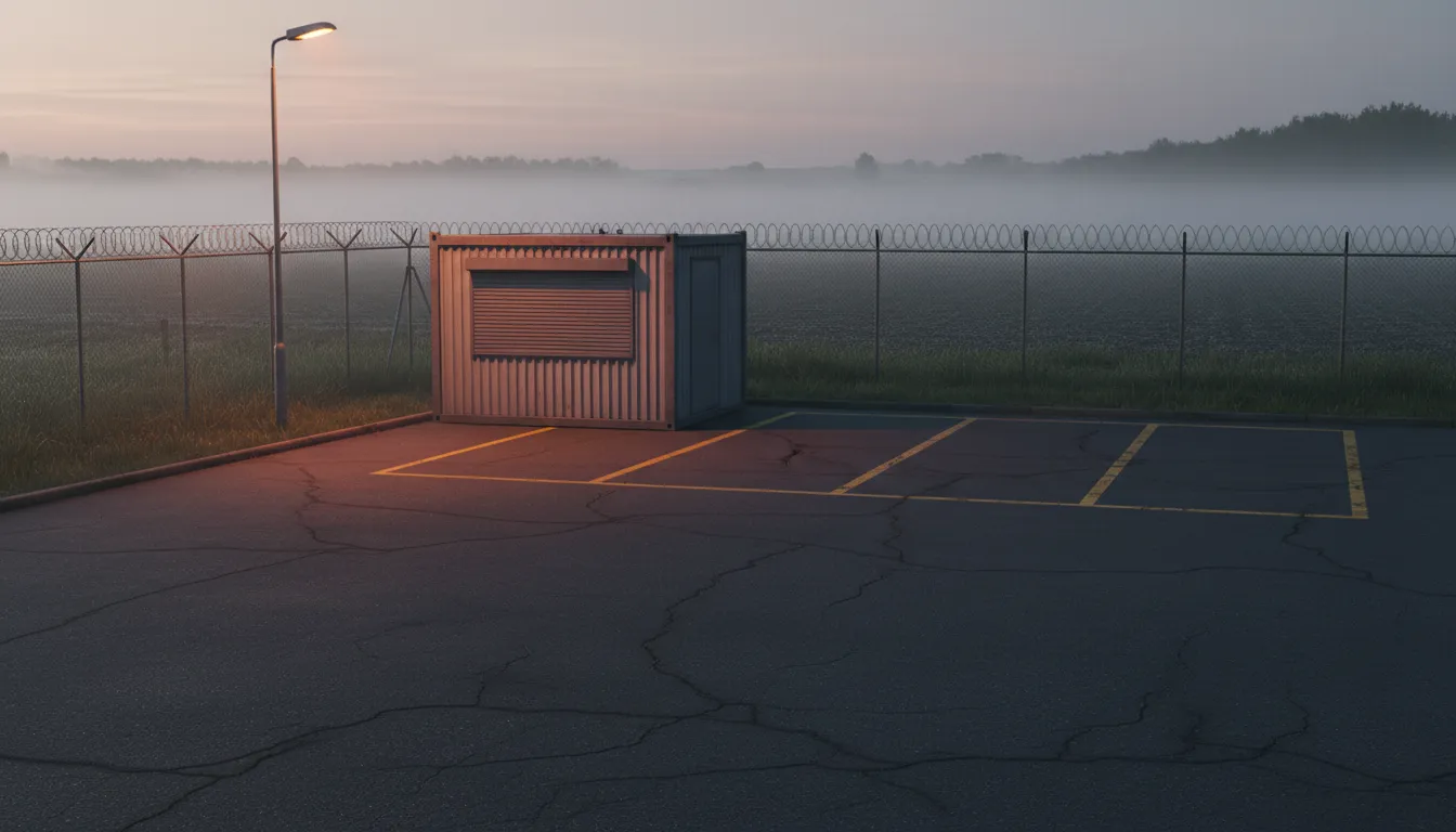 Een leeg vrachtwagenterrein in de schemering, met vier lege parkeervakken onder een sodiumlamp.