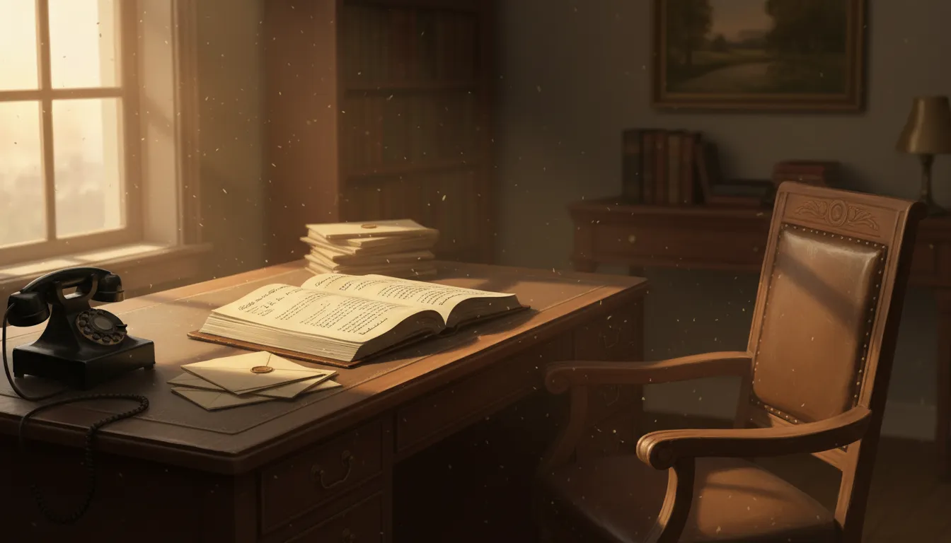 Een verlaten bureau met een opengeslagen grootboek, een stapel ongeopende enveloppen en een oude telefoon, in warm namiddaglicht